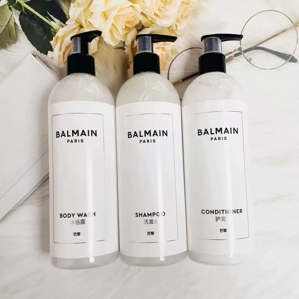 picture showed three bottles of Balmain hotel toiletries.