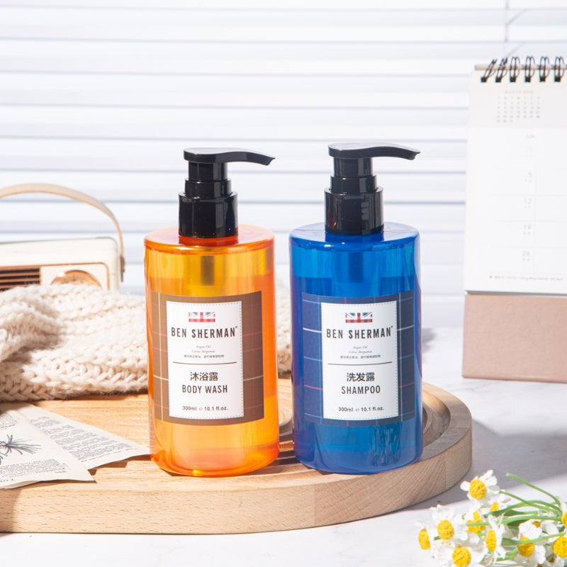two bottles of BEN SHERMAN hotel shampoo and shower gel displayed.