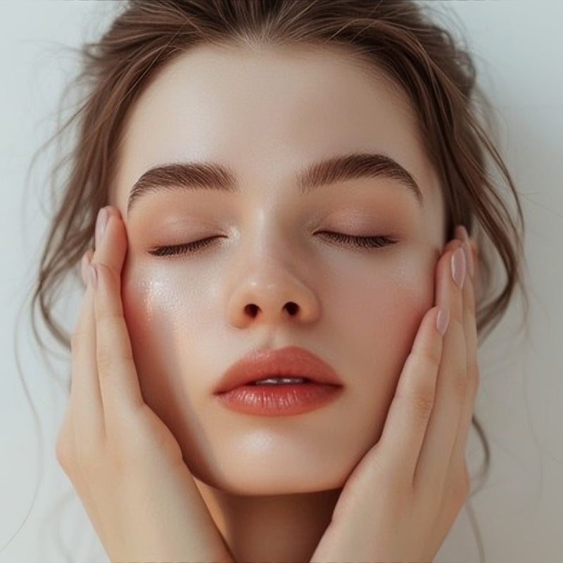 the girl closes the eyes and seems to be massaging her face