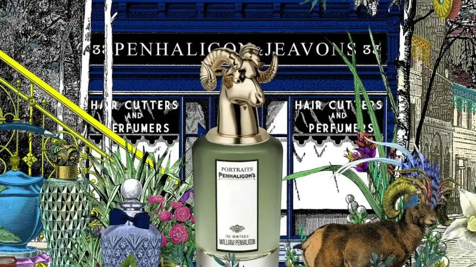 Graffiti-style picture showing Penhaligon's store and 3 different types of products under the brand, including toiletries and cosmetics, flower decorations and a moose, British style