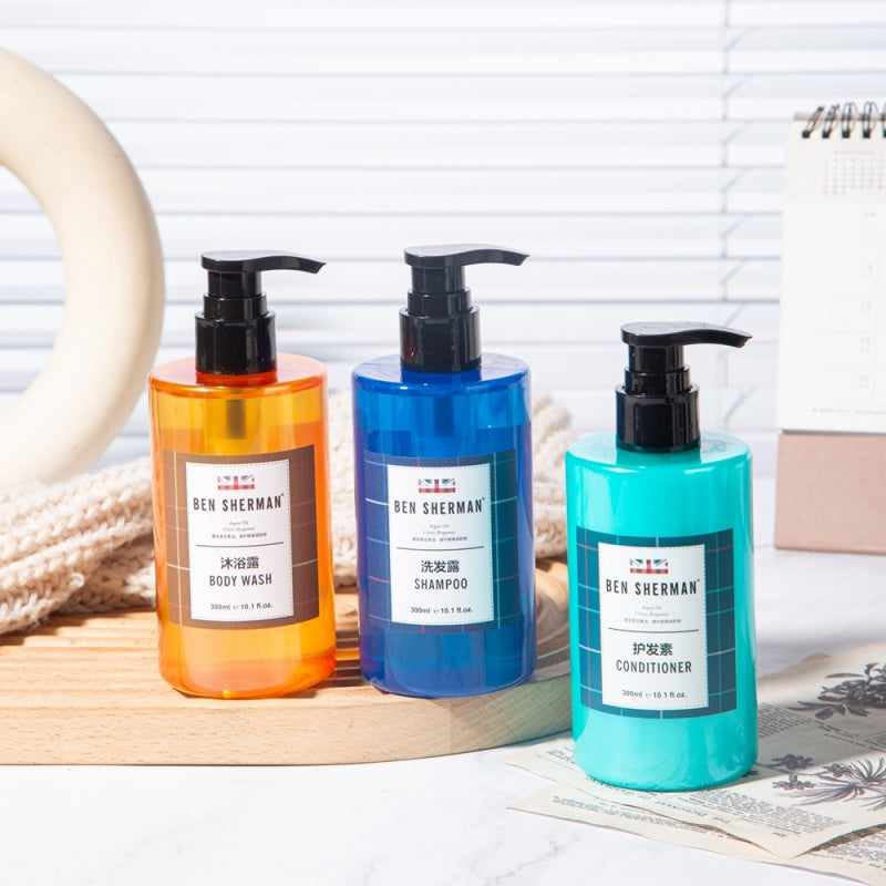 three bottles of BEN SHERMAN hotel toiletries displayed.