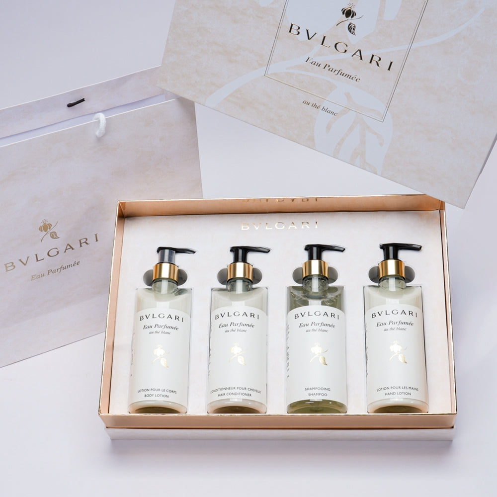 Bvlgari Hotel Shampoo &amp; Duschgel &amp; Spülung &amp; Körperlotion &amp; Handwäsche, Duft weißer Tee, 300 ml 