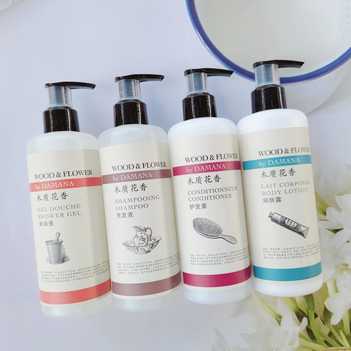 Shampooing, après-shampooing, gel douche, lait corporel ou savon liquide DAMANA 300ML