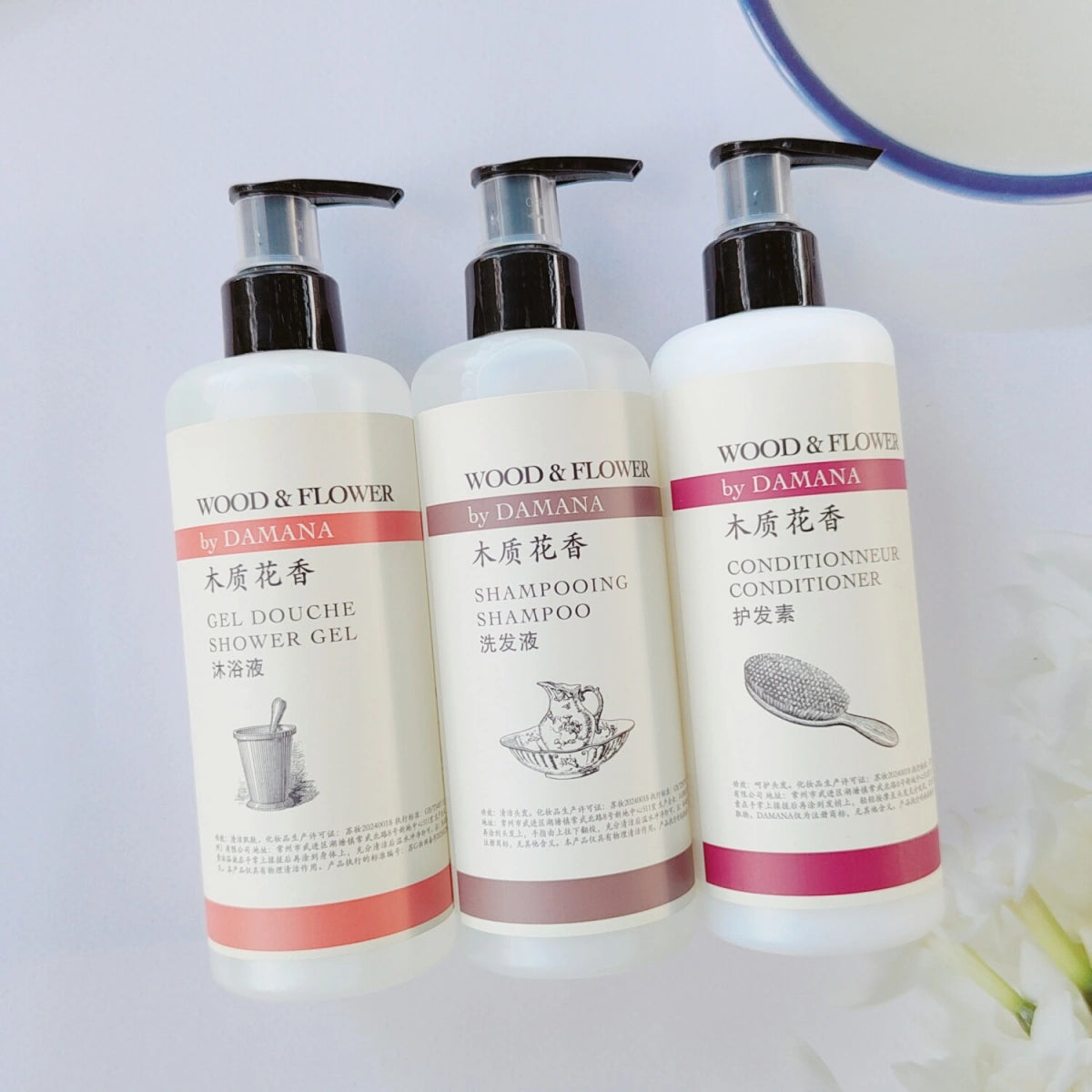 Shampooing, après-shampooing, gel douche, lait corporel ou savon liquide DAMANA 300ML