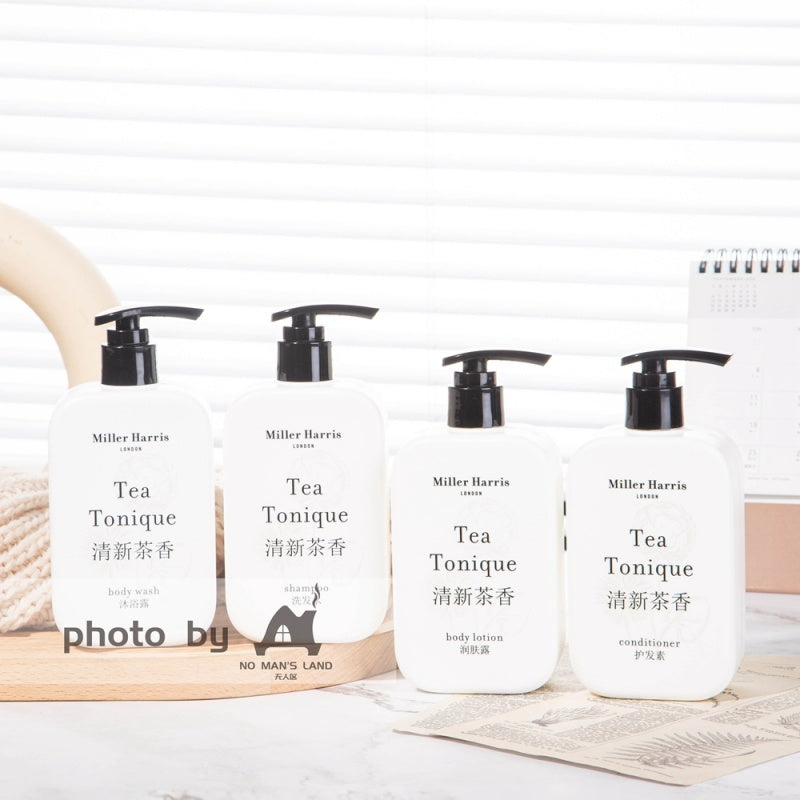 4 bottles of Miller Harris hotel toiletries displayed 340ml.